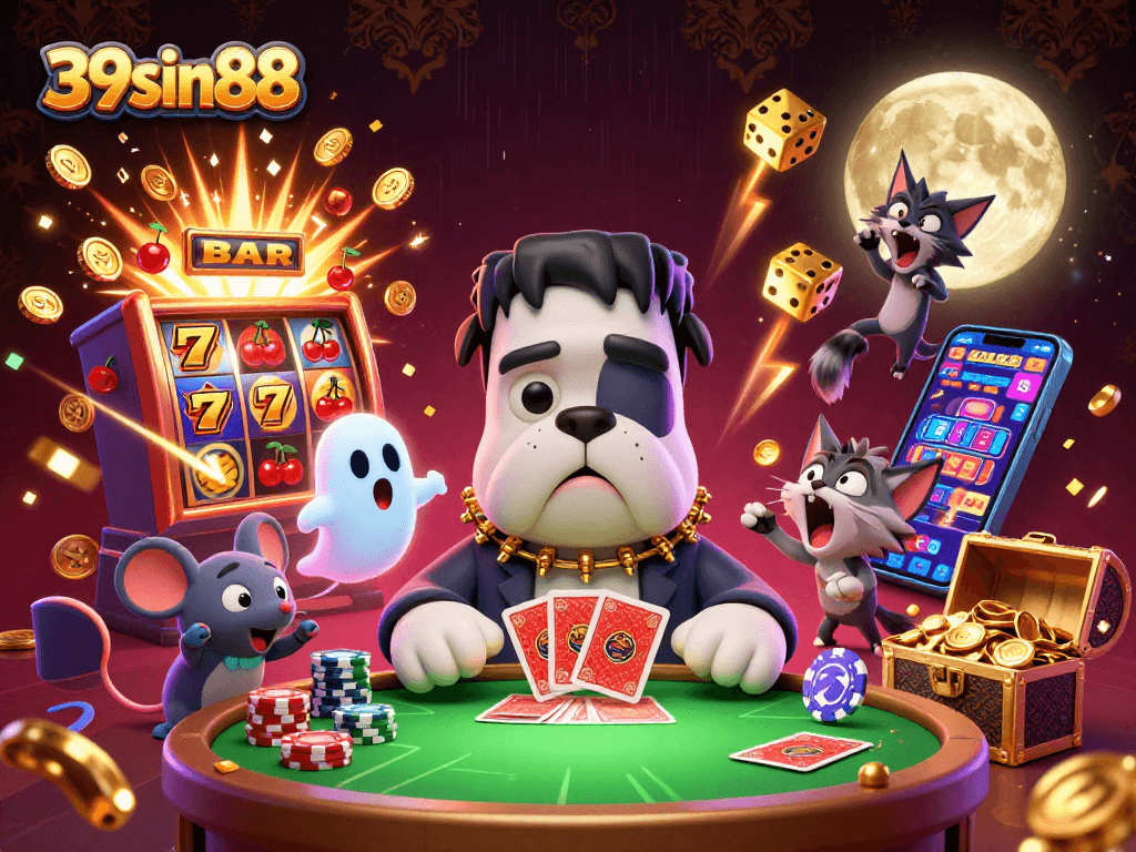 Engage in thrilling gameplay at 39sin88 with cartoon characters in a festive casino atmosphere.