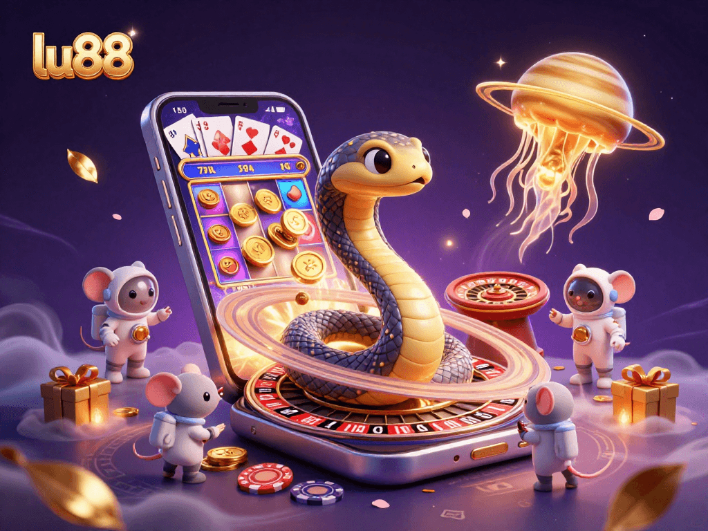 lu88 players engaging with vibrant casino games in a cosmic setting
