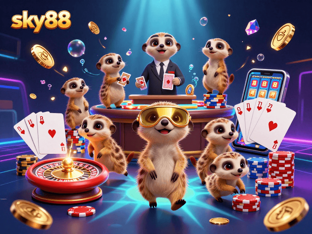 Experience the excitement of sky88 with lively meerkats running a vibrant casino.