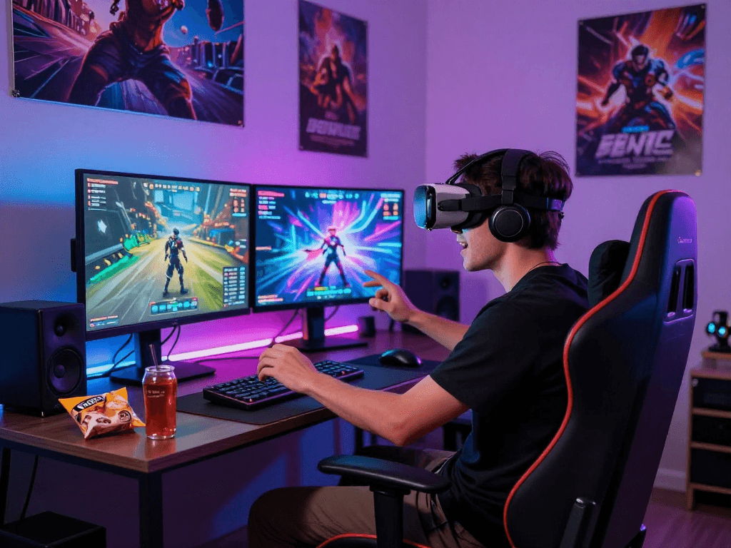 Engaged gamer exploring AI roleplay in immersive VR gaming setup.