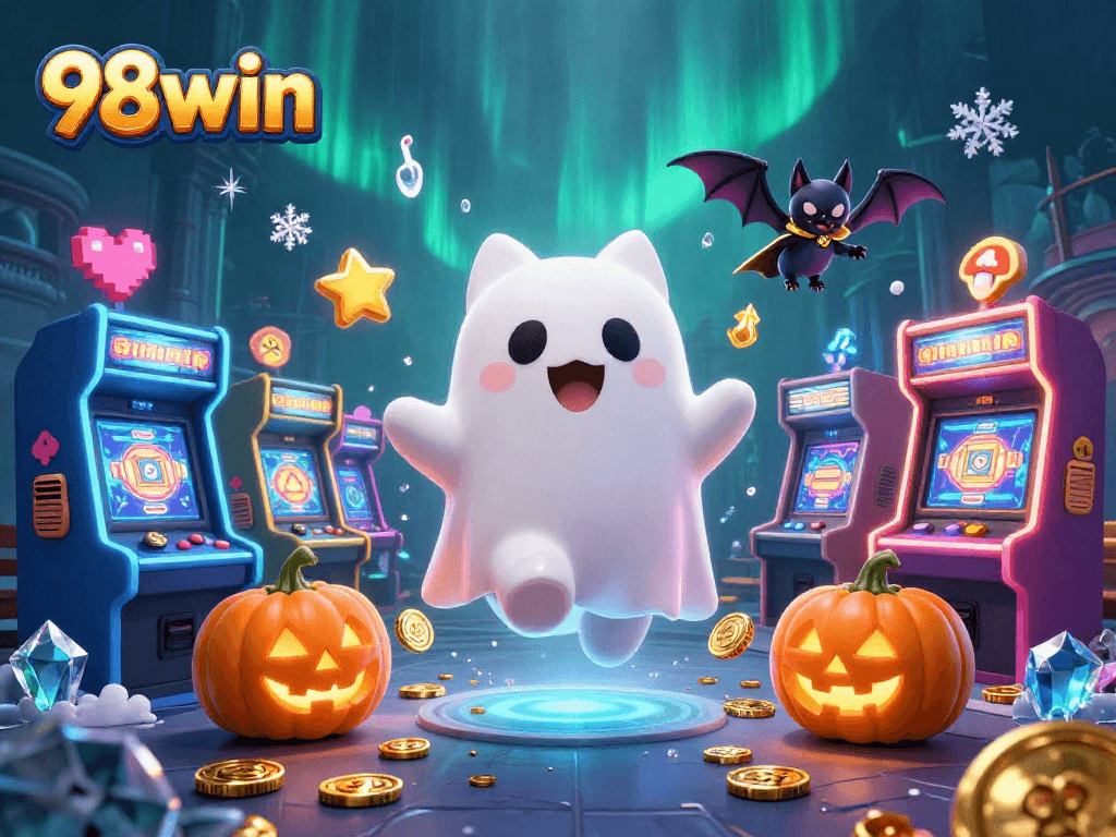 Join the fun at 98win with a ghost cat and bat companion in a haunted casino!