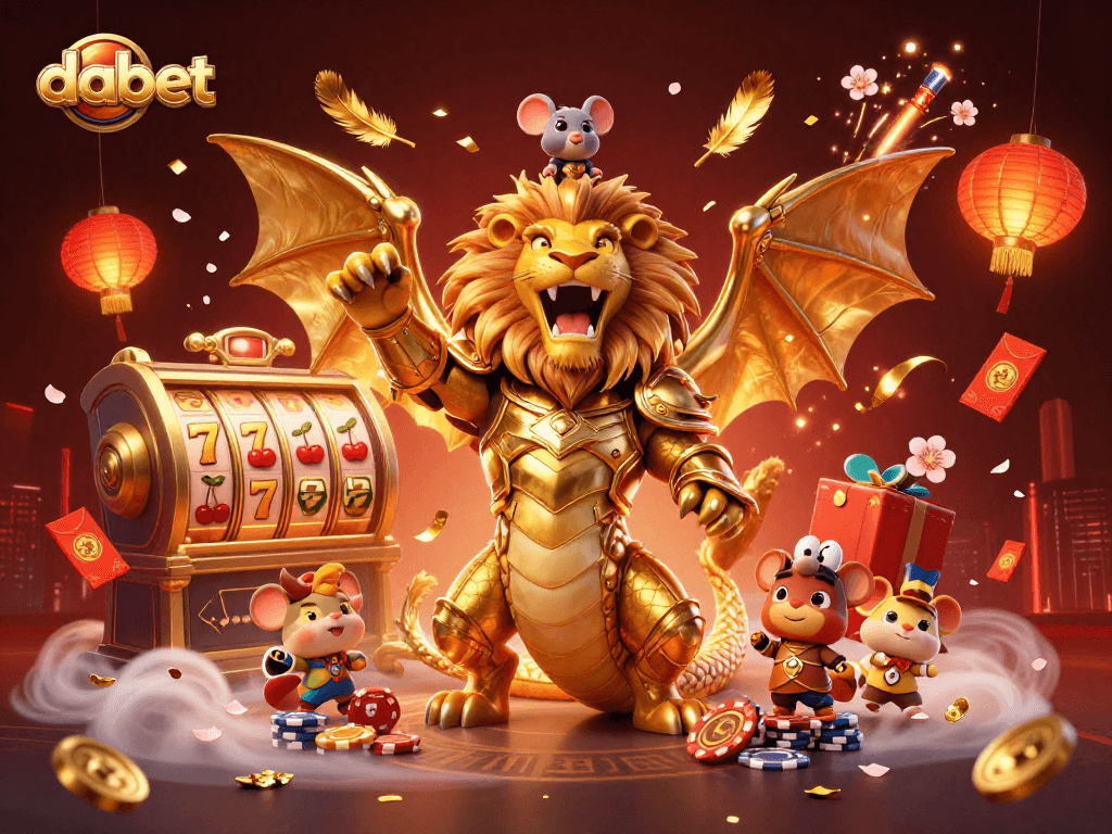 Engaging dabet casino illustration showcasing a triumphant chimera with slot reels and poker chips.