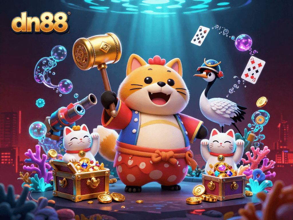Engage with the vibrant world of dn88, showcasing a cheerful tanuki and lucky cats amidst lively casino elements.