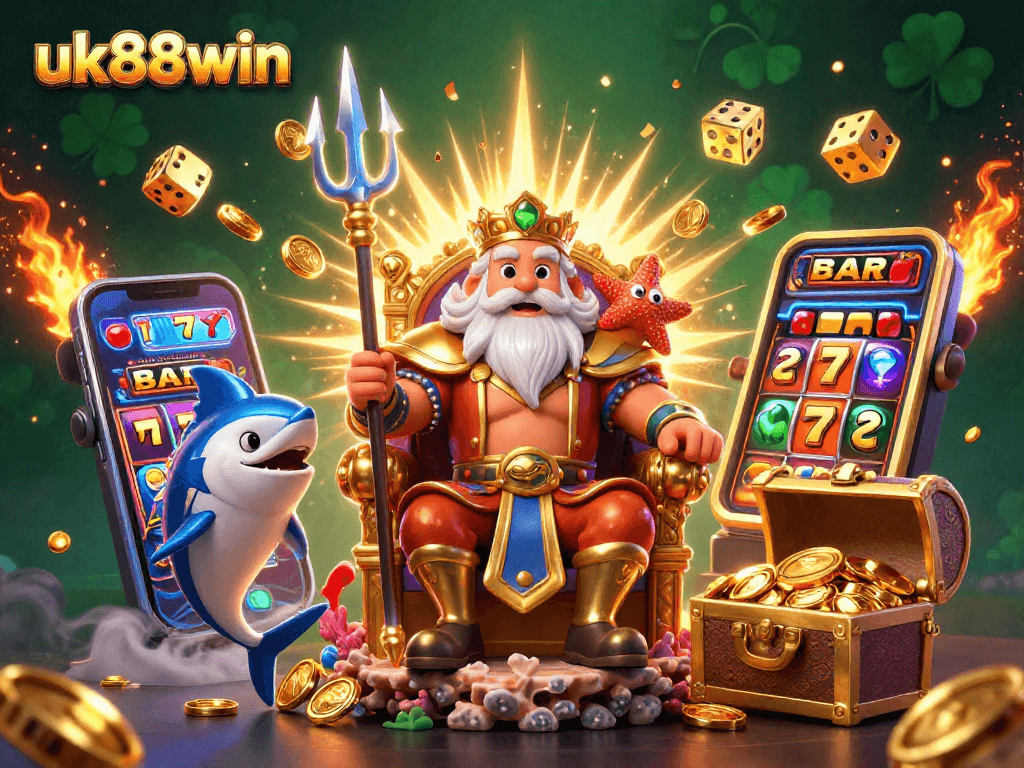 Spin to win at uk88win with 3D Neptune and a thrilling casino scene.