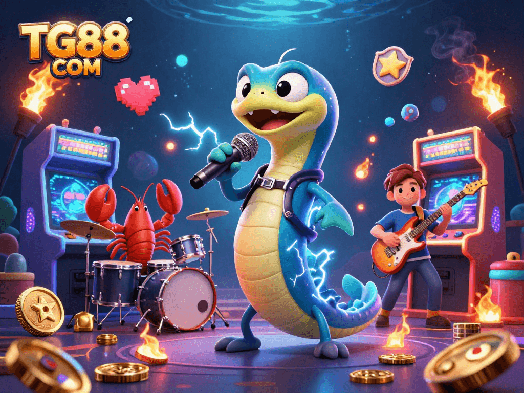 Experience thrilling underwater gaming with TG88 COM, featuring vibrant characters and a lively casino atmosphere.