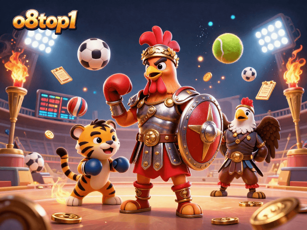 Dynamic betting scene featuring o8top1's unique gladiator rooster in a thrilling colosseum.