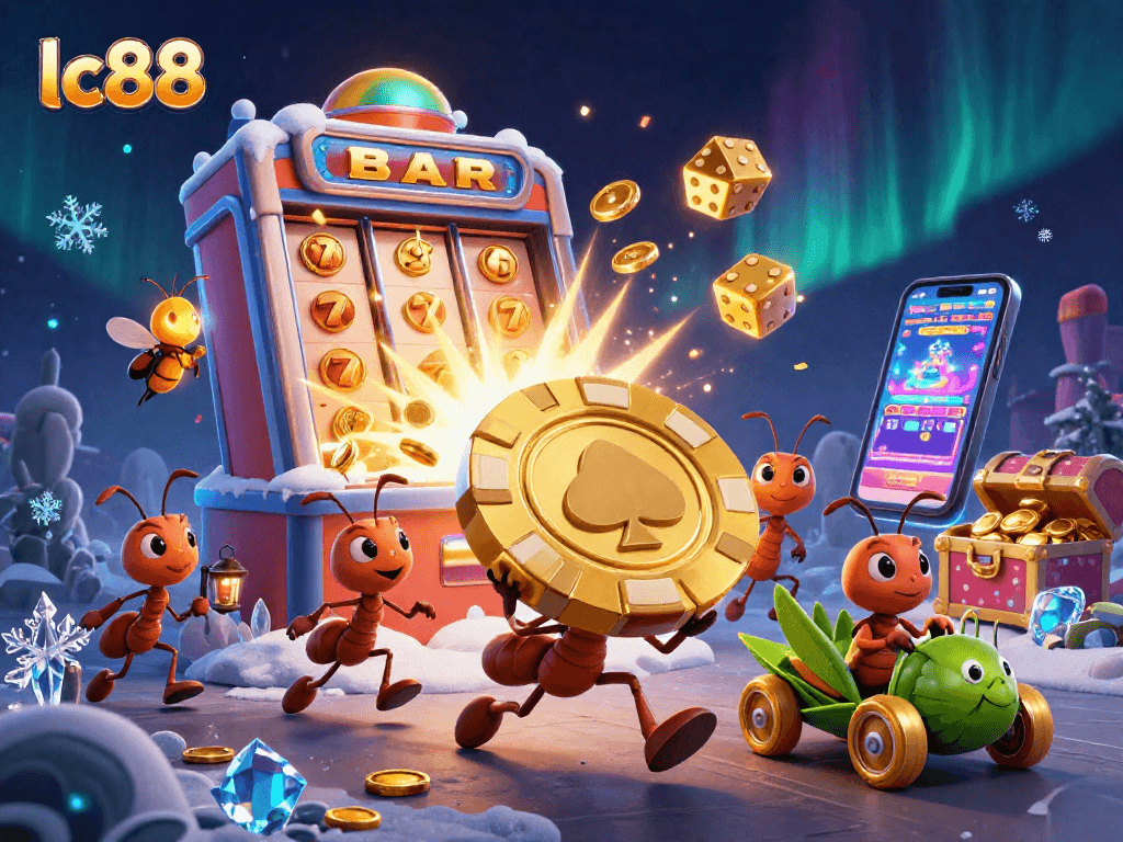 lc88 ants steal a giant poker chip in a vibrant casino landscape, showcasing action and excitement