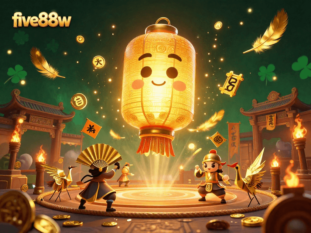 Engage in thrilling gameplay at five88w with the golden lantern spirit and warrior companions in a vibrant casino scene.