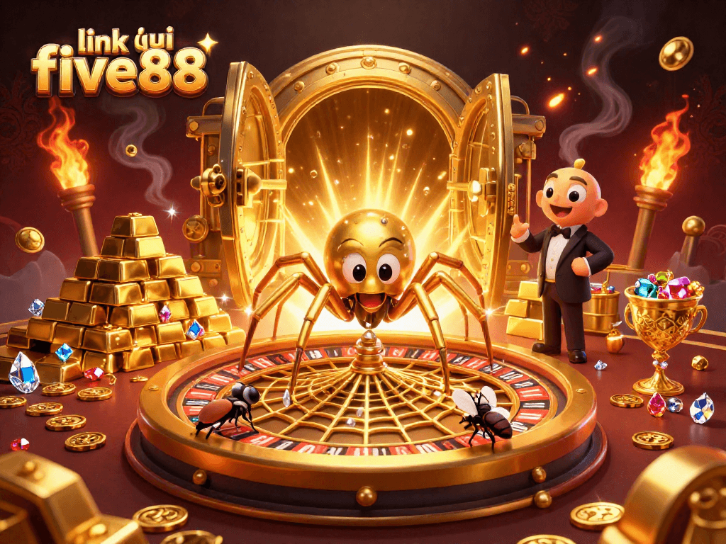 Engage with link vào five88 as a spider spins a vibrant roulette wheel adorned with treasures in this captivating casino scene.