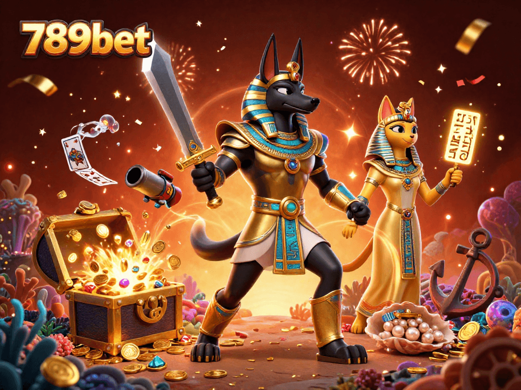 Engage with thrilling 789bet experiences featuring Anubis and Bastet amidst vibrant casino action.