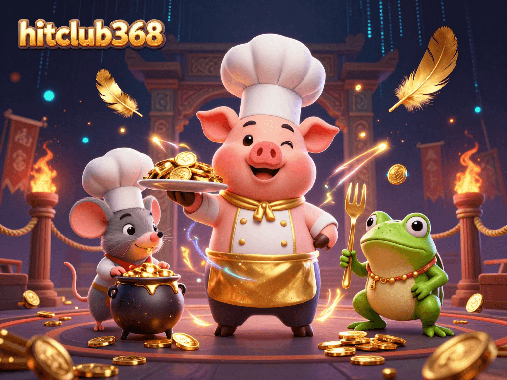 Engage in thrilling gaming at hitclub368 with a vibrant 3D casino scene featuring charming characters.