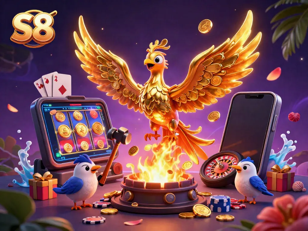 S8 presents a golden phoenix emerging with coins, surrounded by vibrant slot game elements.