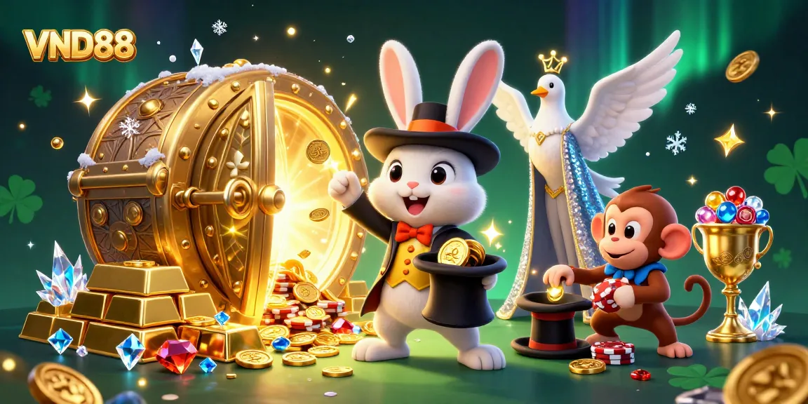 Pull golden coins with VND88 magic in a vibrant 3D casino scene full of treasures.