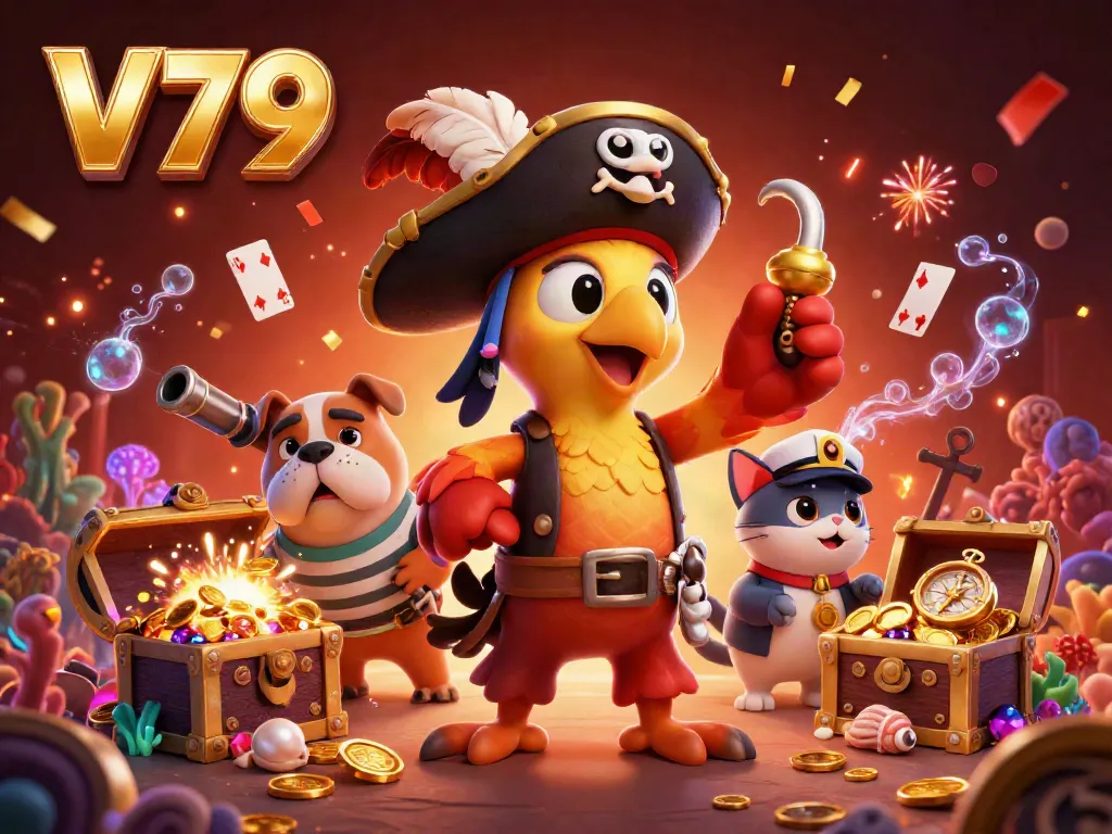 Experience thrilling wins at V79 with vibrant gaming elements and exciting characters in a lively casino scene.