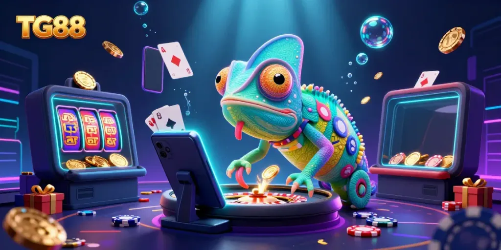 Engage with TG88’s vibrant casino experience, featuring a dynamic chameleon owner and exciting gaming elements.