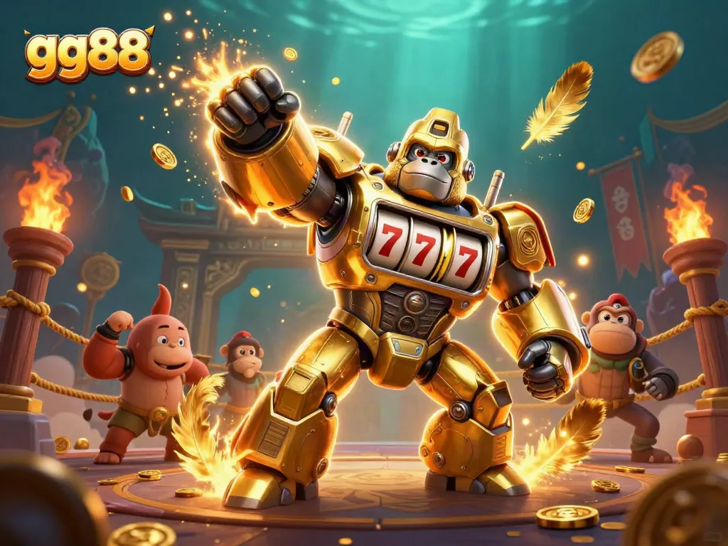 Engage in thrilling gameplay at gg88 with a dynamic 3D casino scene featuring a golden gorilla mech and vibrant gambling elements.