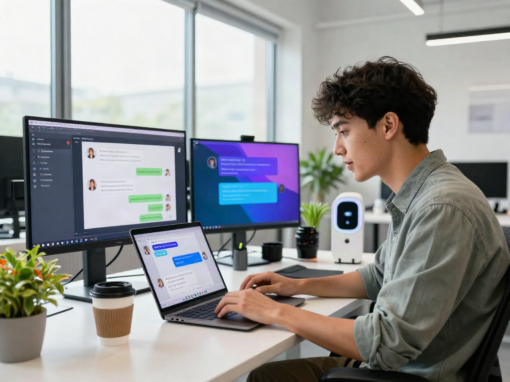 Person exploring spicy chat AI features on a laptop in a modern tech workspace.