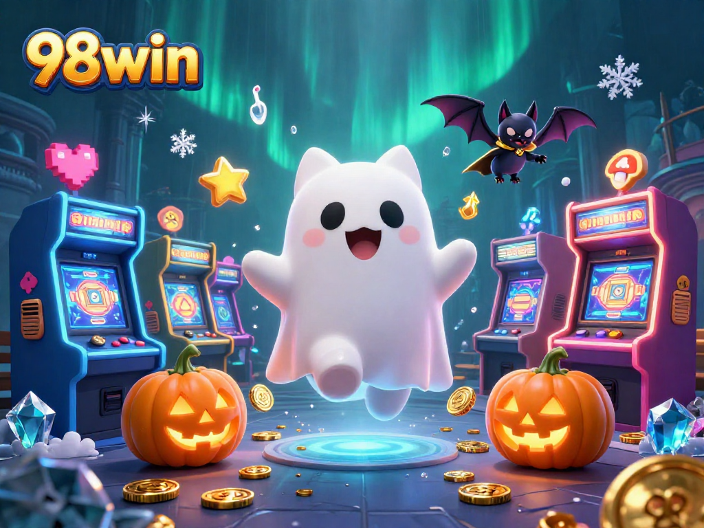Join the fun at 98win with a ghost cat and bat companion in a haunted casino!