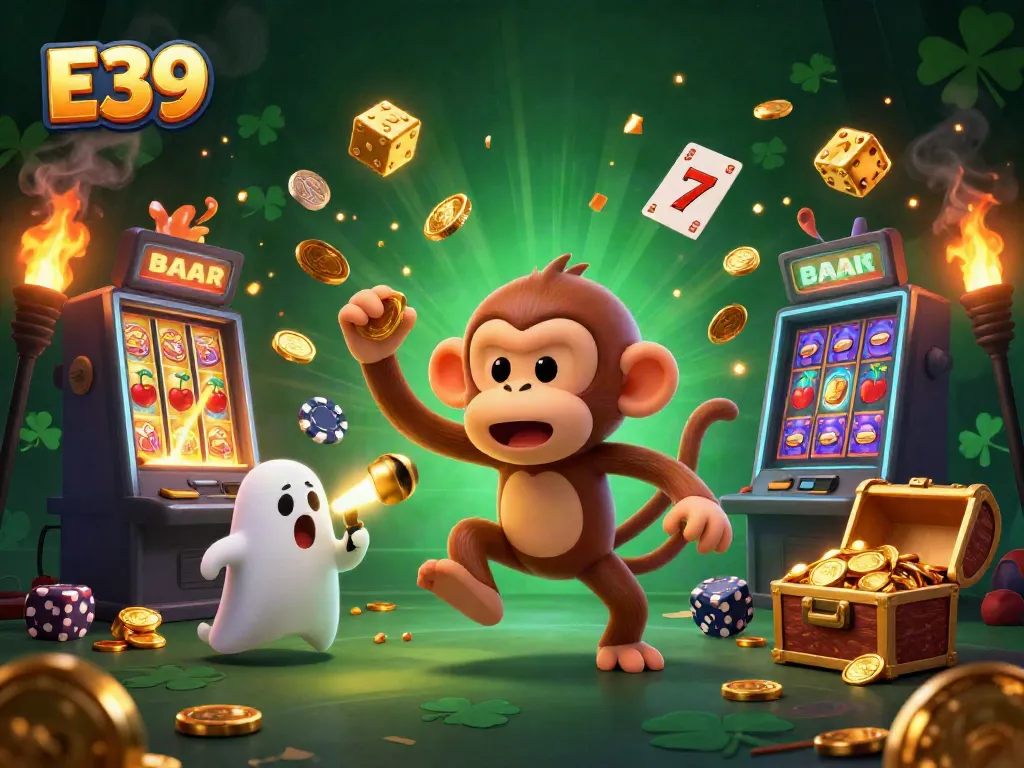 Engage with E39's interactive gaming experience as a mischievous monkey juggles golden casino items.