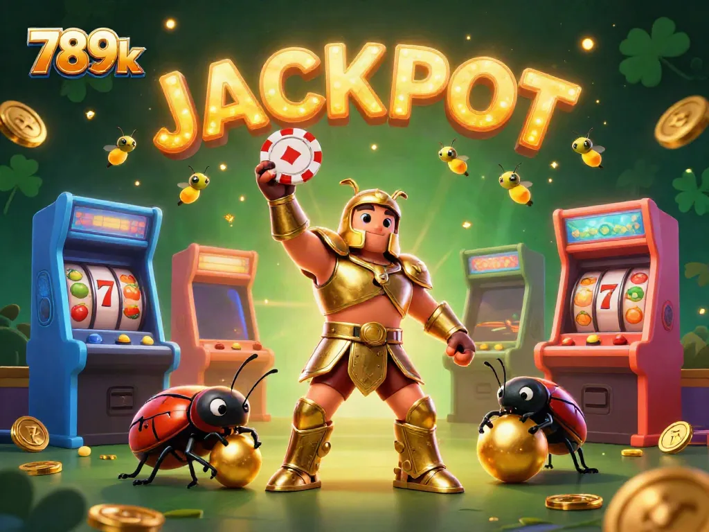 Spin the reels at 789k with a victorious beetle in armor celebrating a jackpot