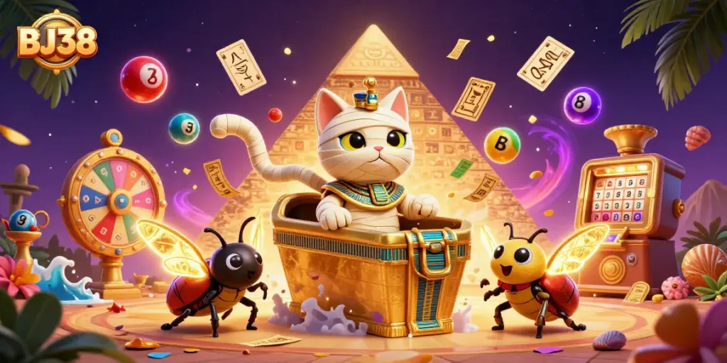 BJ38 showcases a lively casino scene featuring a magical Egyptian mummy cat and glowing beetle surrounded by vibrant lottery elements.