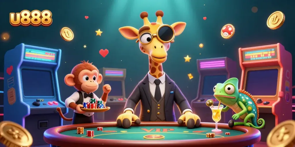 Experience the thrill of u888 with a dynamic 3D casino scene featuring engaging characters.