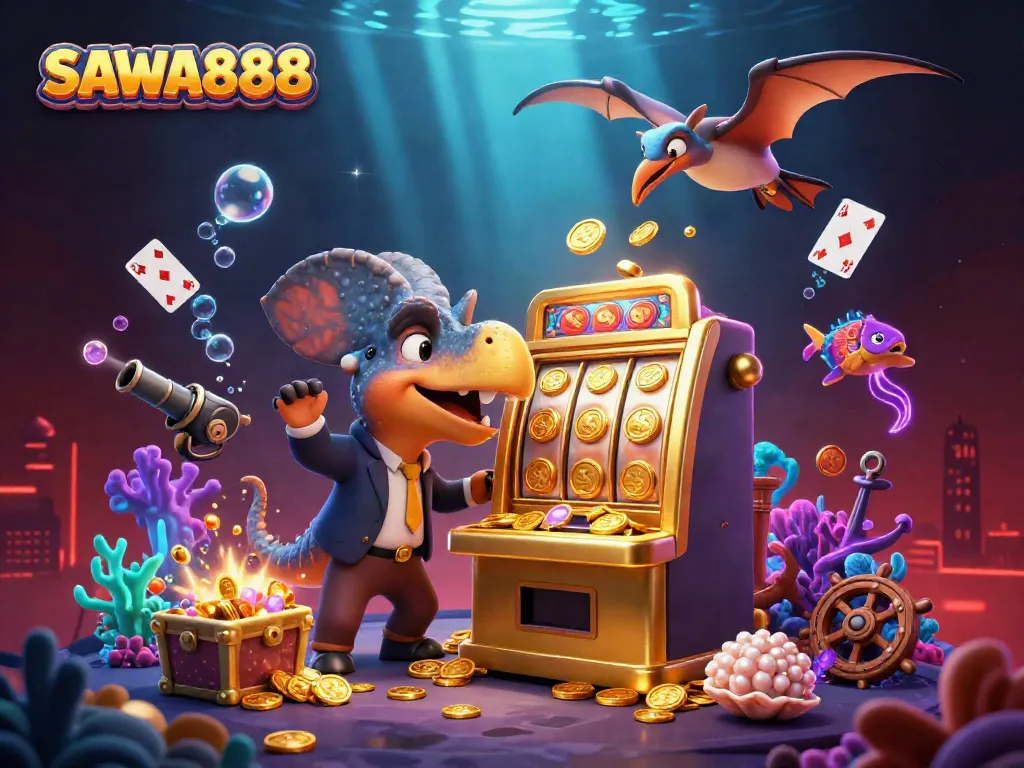 Experience thrilling payouts at SAWA888 with dynamic dinosaur antics around a golden slot machine.