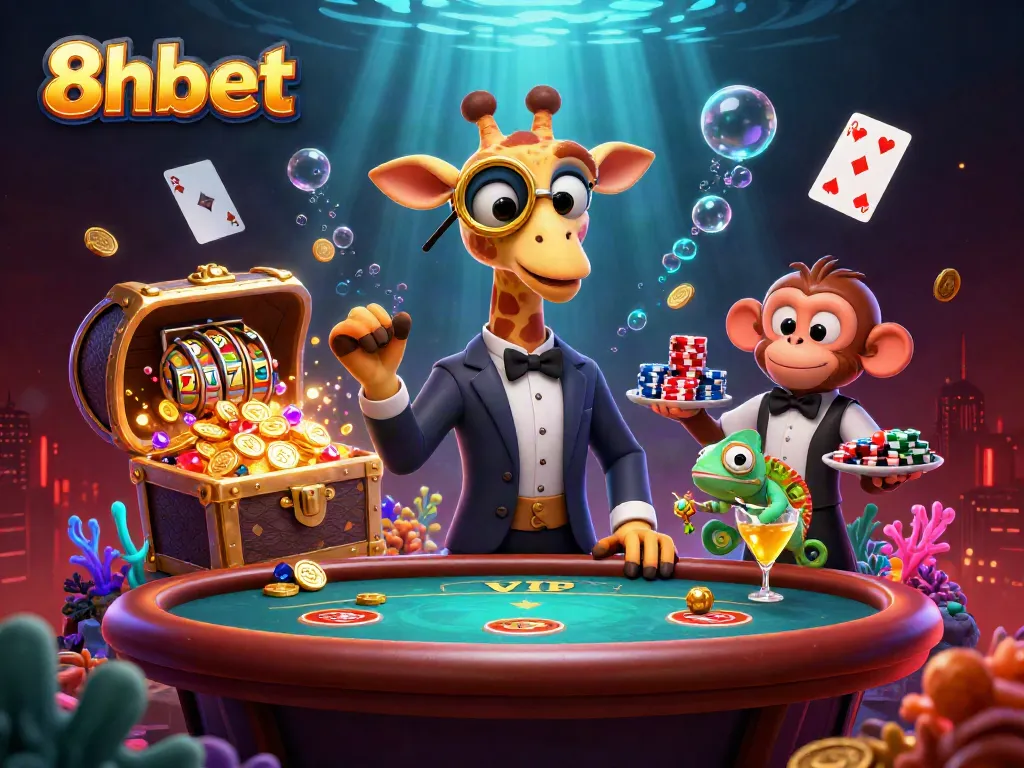 Experience thrilling gaming at 8xbet with a high-roller giraffe and vibrant casino elements