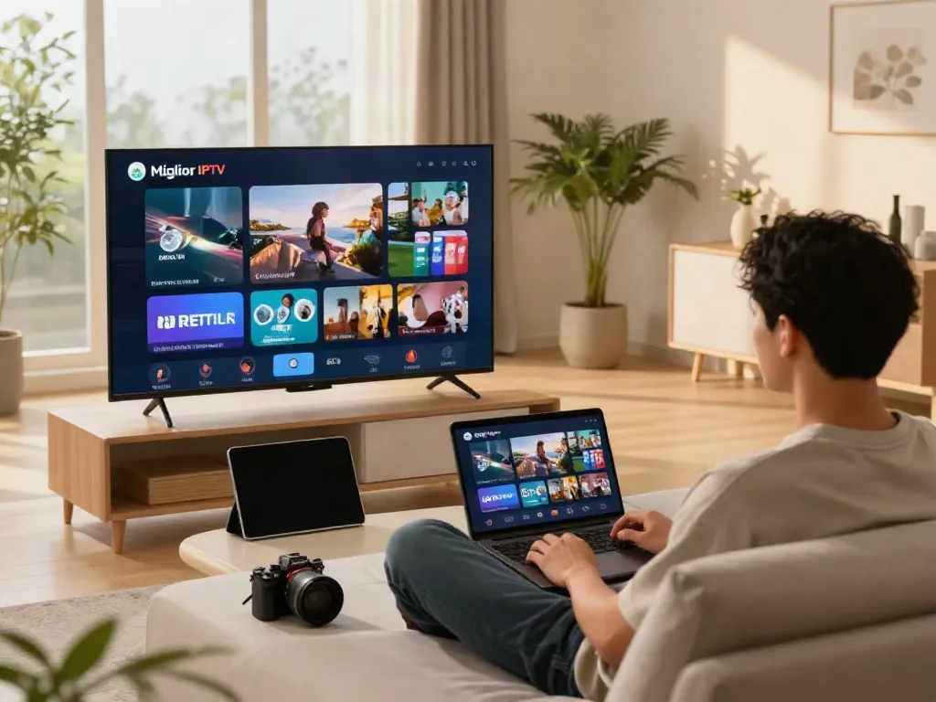 Miglior IPTV experience in a modern living room, showcasing diverse devices and vibrant IPTV content.
