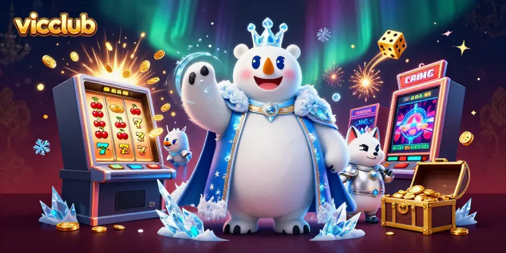 Spin and win with Vicclub at a vibrant casino scene featuring a king polar bear and fox amid jackpot explosions.