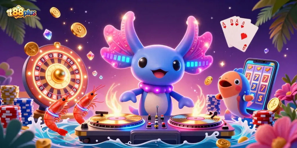 Join the vibrant tt88plus casino scene featuring a DJ axolotl amidst coins and cards.