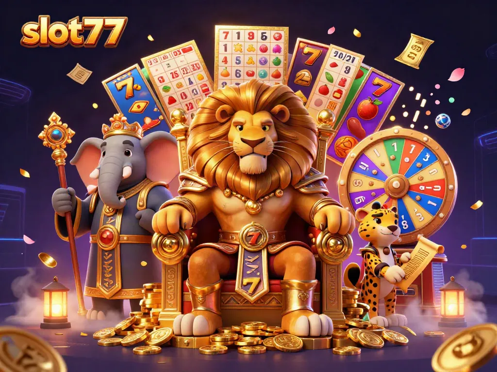 Experience excitement with slot777 as vibrant slot reels and a fierce lion king reign in this dynamic casino illustration.