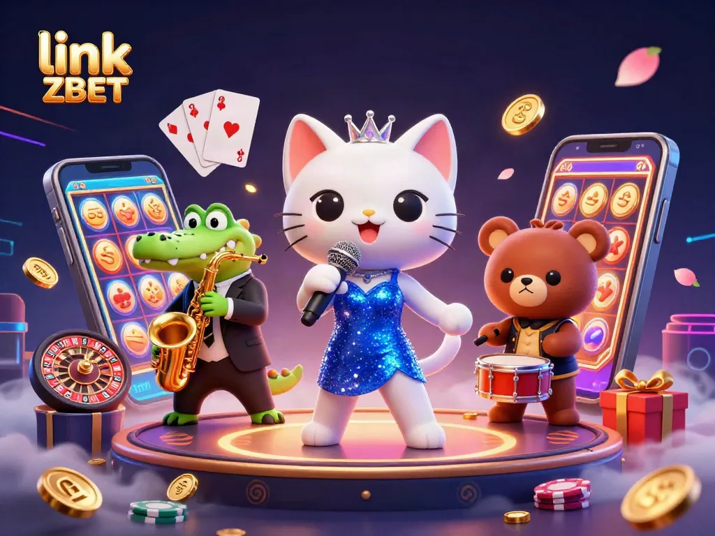Engage with link ZBET in this vibrant casino scene featuring a jazz-singer cat and lively game elements.
