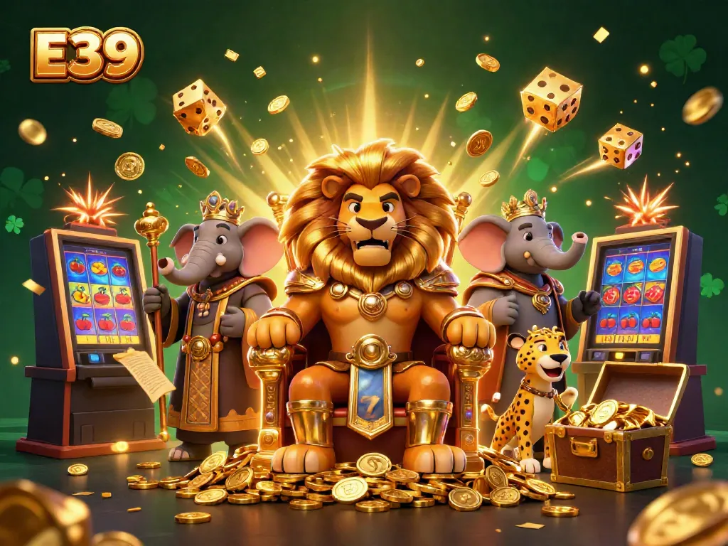 Join the thrilling world of E39 with a fierce lion king, wise elephant, and quick cheetah amidst casino excitement.
