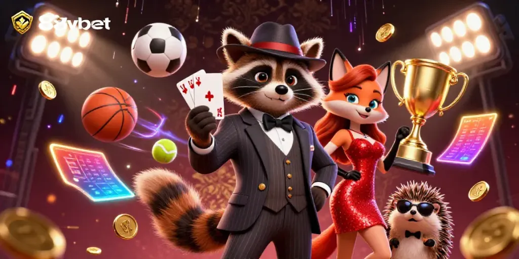 Cherish the excitement of gaming with 88vbet featuring a suave raccoon, elegant fox, and bouncer in a dynamic casino scene.