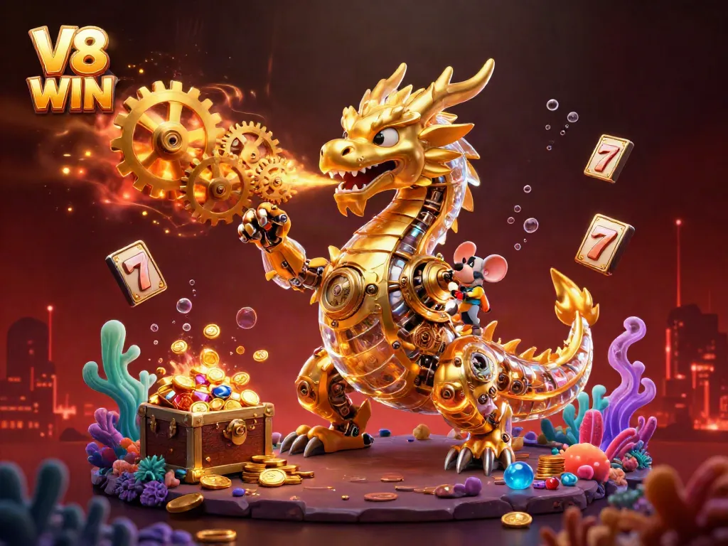 Engage with V8 WIN by exploring a vibrant, animated casino underworld featuring colorful slot machines and treasures.