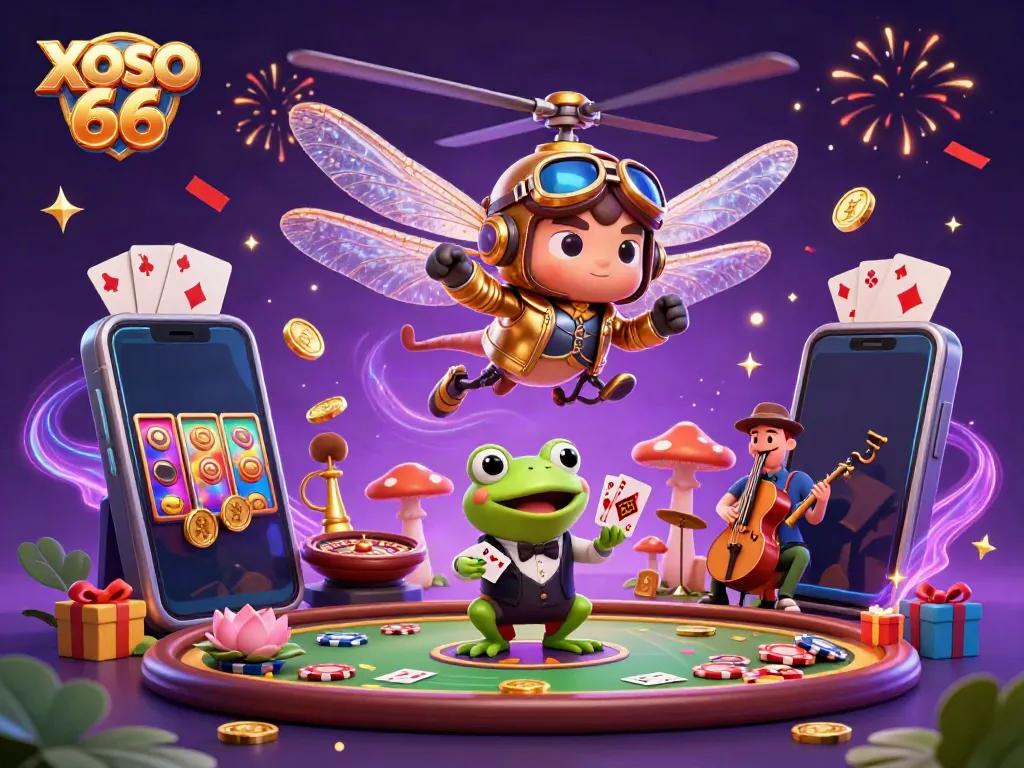 XOSO 66 illustration depicting vibrant casino scenes with a dragonfly pilot, frog croupier, and jazz band.