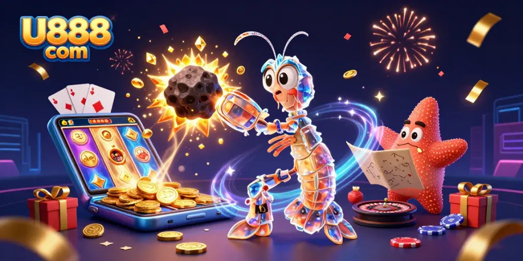 Engage with exciting gaming action at U888 com, featuring a dynamic casino scene with vibrant characters and game elements.