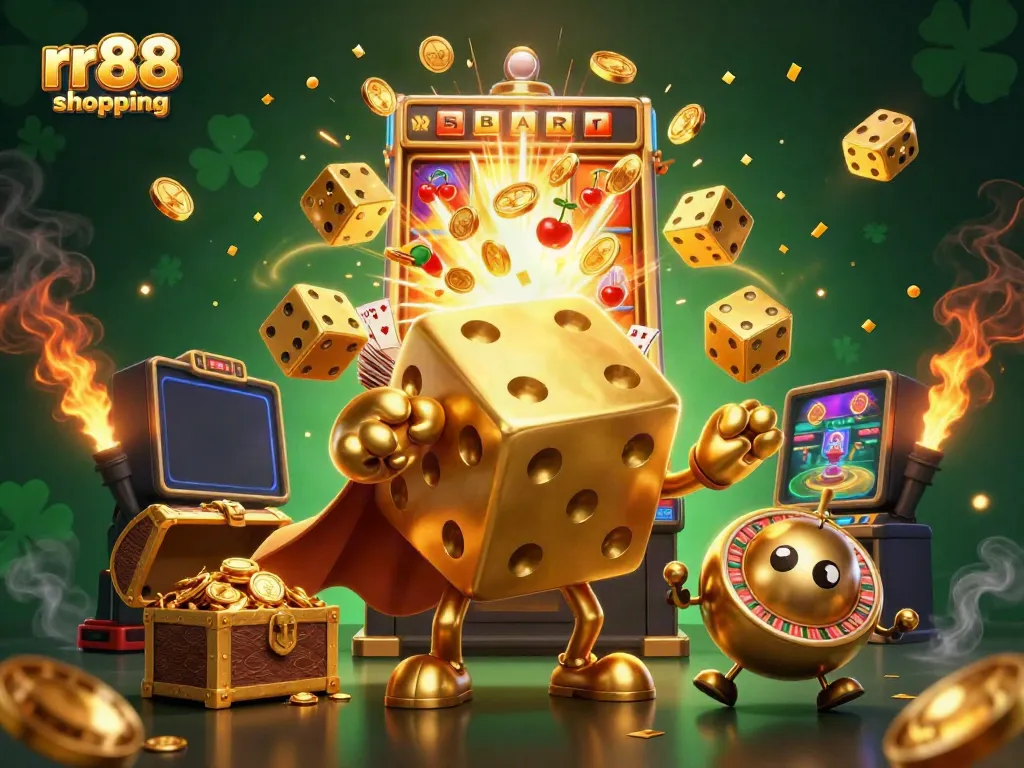Experience thrilling wins with rr88 shopping in this vibrant 3D casino scene featuring golden dice and slot machines.