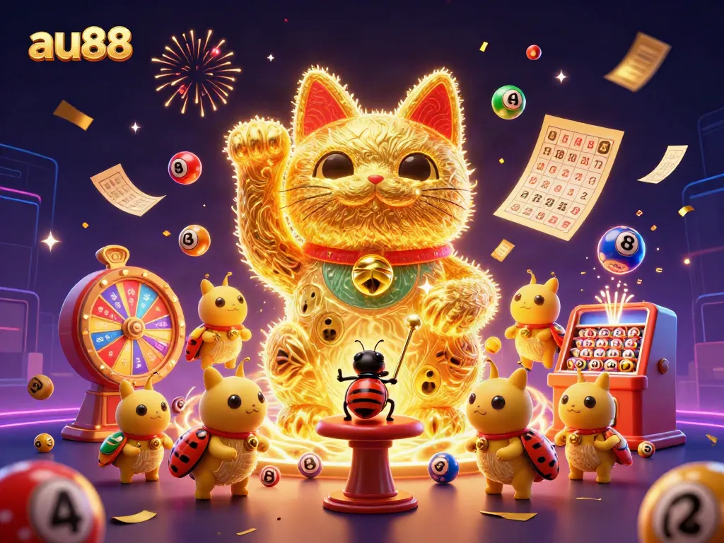 Engage with au88's vibrant gaming world featuring a lucky cat and dynamic casino symbols.