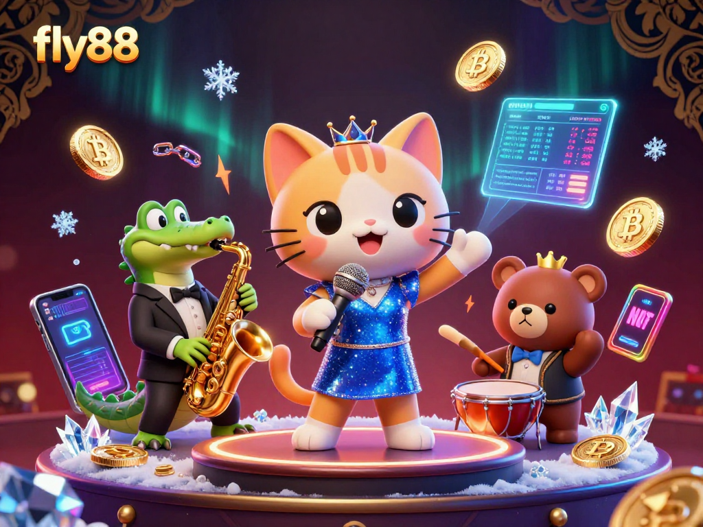 Experience the excitement of fly88 with vibrant casino characters and crypto elements in a lively digital illustration.
