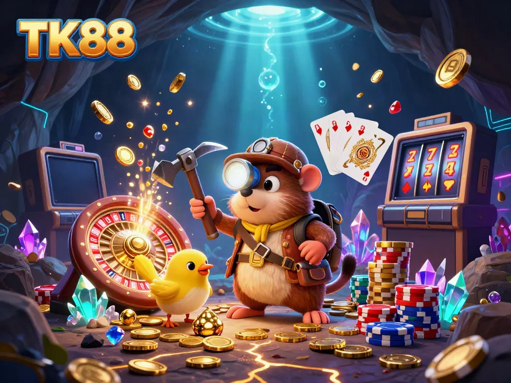 Experience thrilling gaming at TK88 with vibrant treasures, spinning reels, and dynamic casino elements glittering around