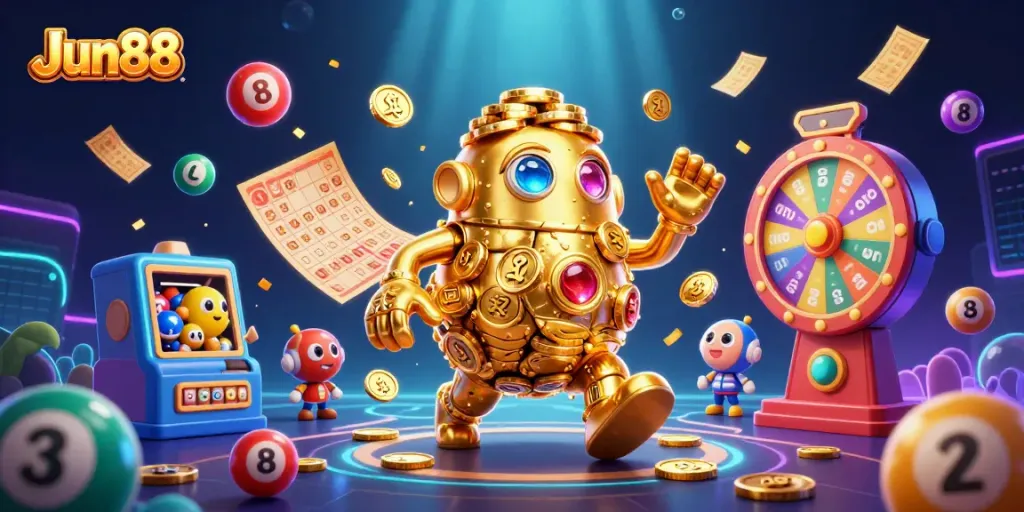 Join Jun88 for exciting casino adventures featuring golden treasures and vibrant lottery elements.