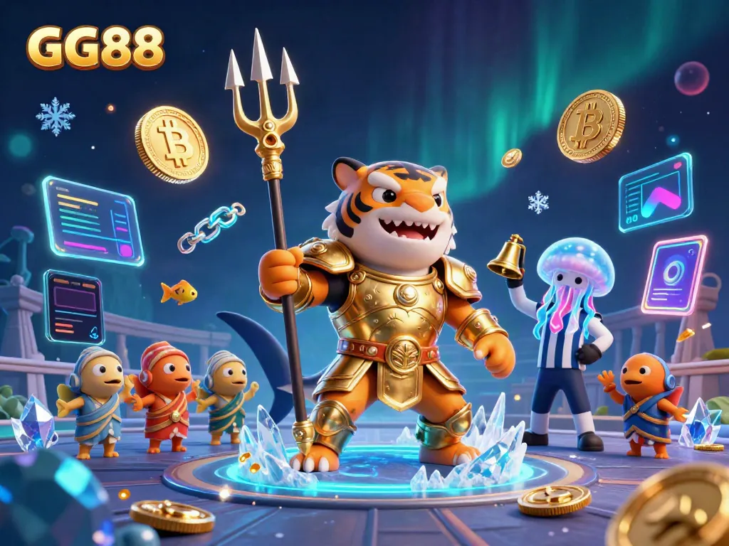 GG88 showcases a dynamic underwater colosseum scene featuring a golden gladiator shark among crypto elements – perfect for gambling visuals.