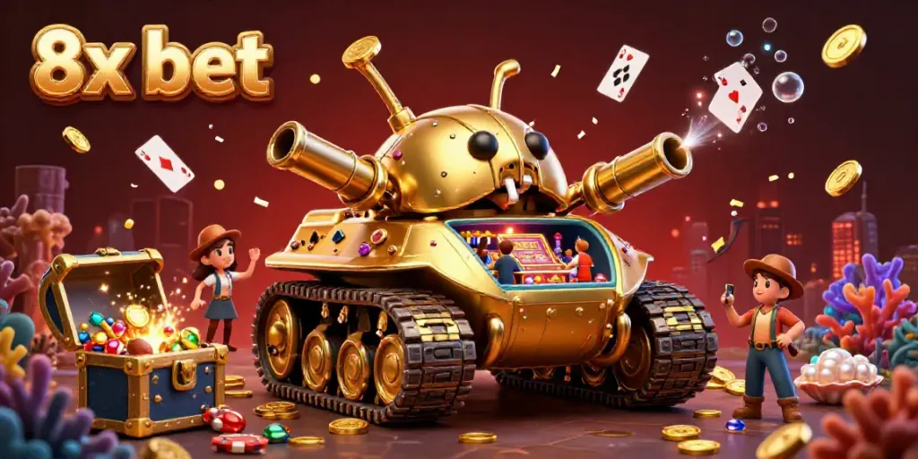 Experience exhilarating gaming action with 8x bet in a unique golden beetle tank casino scene.