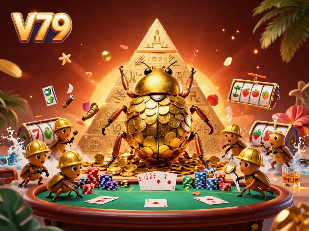 Experience thrilling V79 gameplay with a golden beetle and casino elements in vibrant 3D.