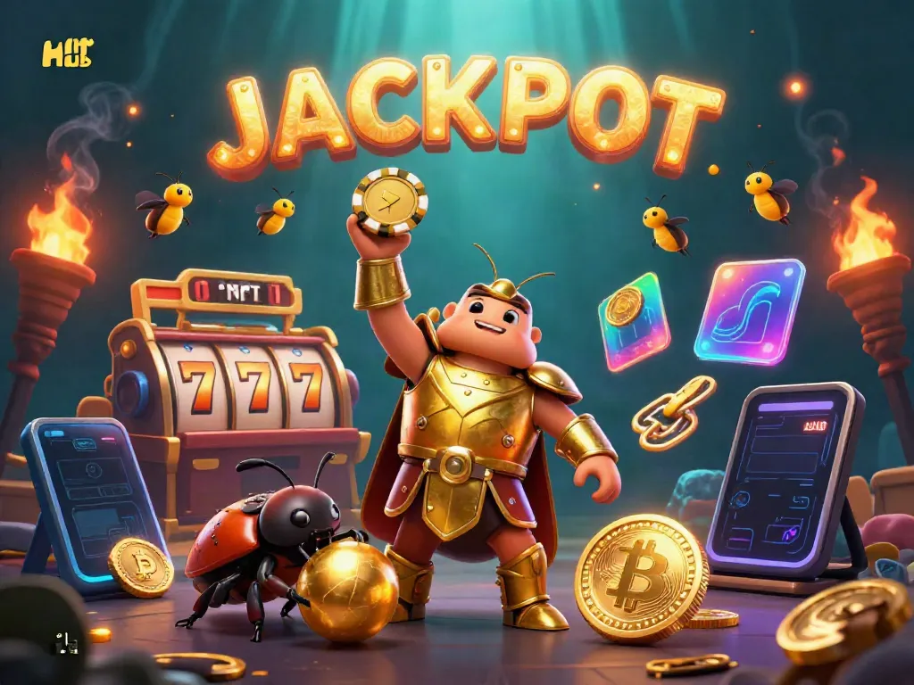 Win big at Hit club with a victorious beetle and thrilling slot games in a vibrant casino scene.