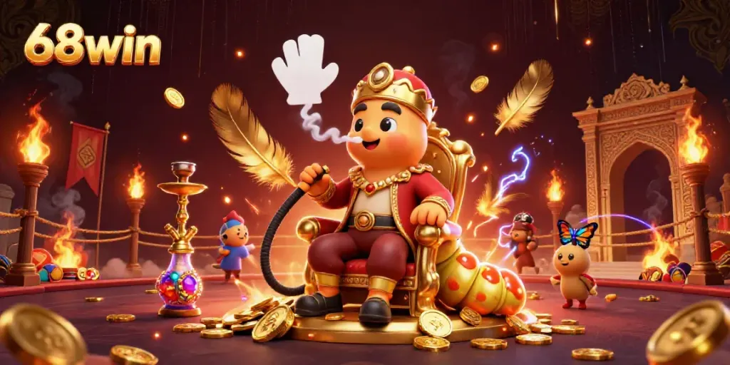 Win big at 68win with a vibrant 3D illustration of a hookah master in a luxurious setting surrounded by casino elements.