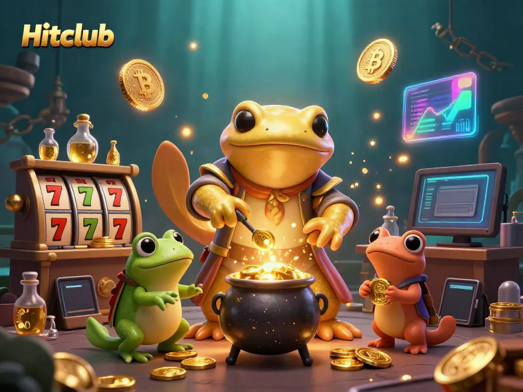Hitclub features a lively scene with a giant golden salamander alchemist surrounded by engaging slot elements.