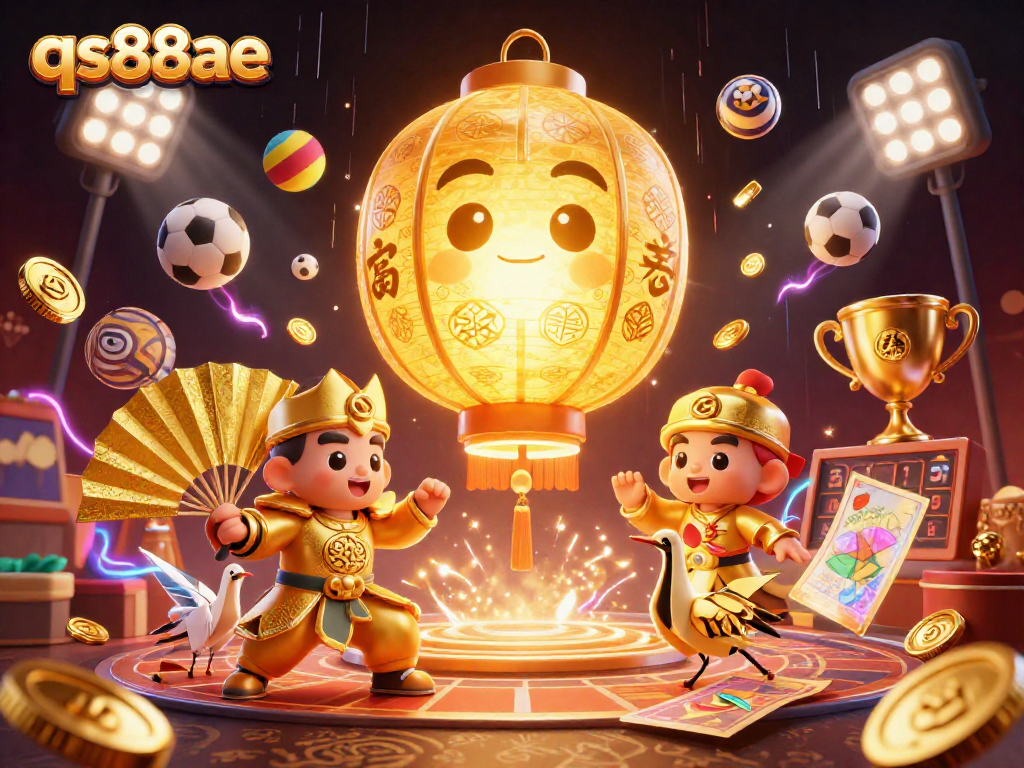 Engage in thrilling games at qs88ae with a vibrant casino scene showcasing golden lantern spirits and dynamic sports elements.